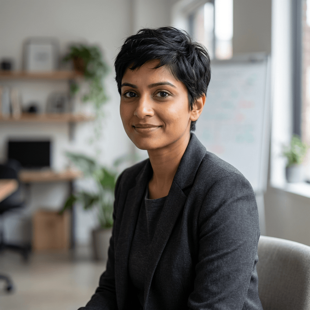 Priya Sharma in a professional blazer smiling in a modern retail setting