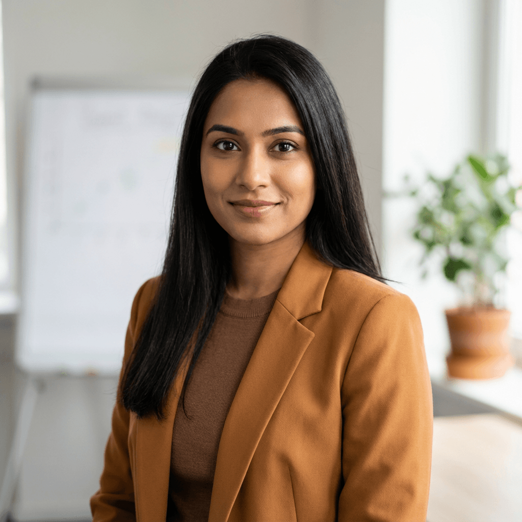 Female digital marketing specialist in her late 20s, South Asian, warm and analytical appearance suitable for a growing agency