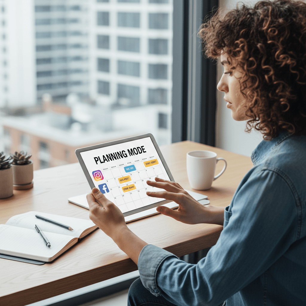 person planning social media content for Facebook and Instagram on tablet