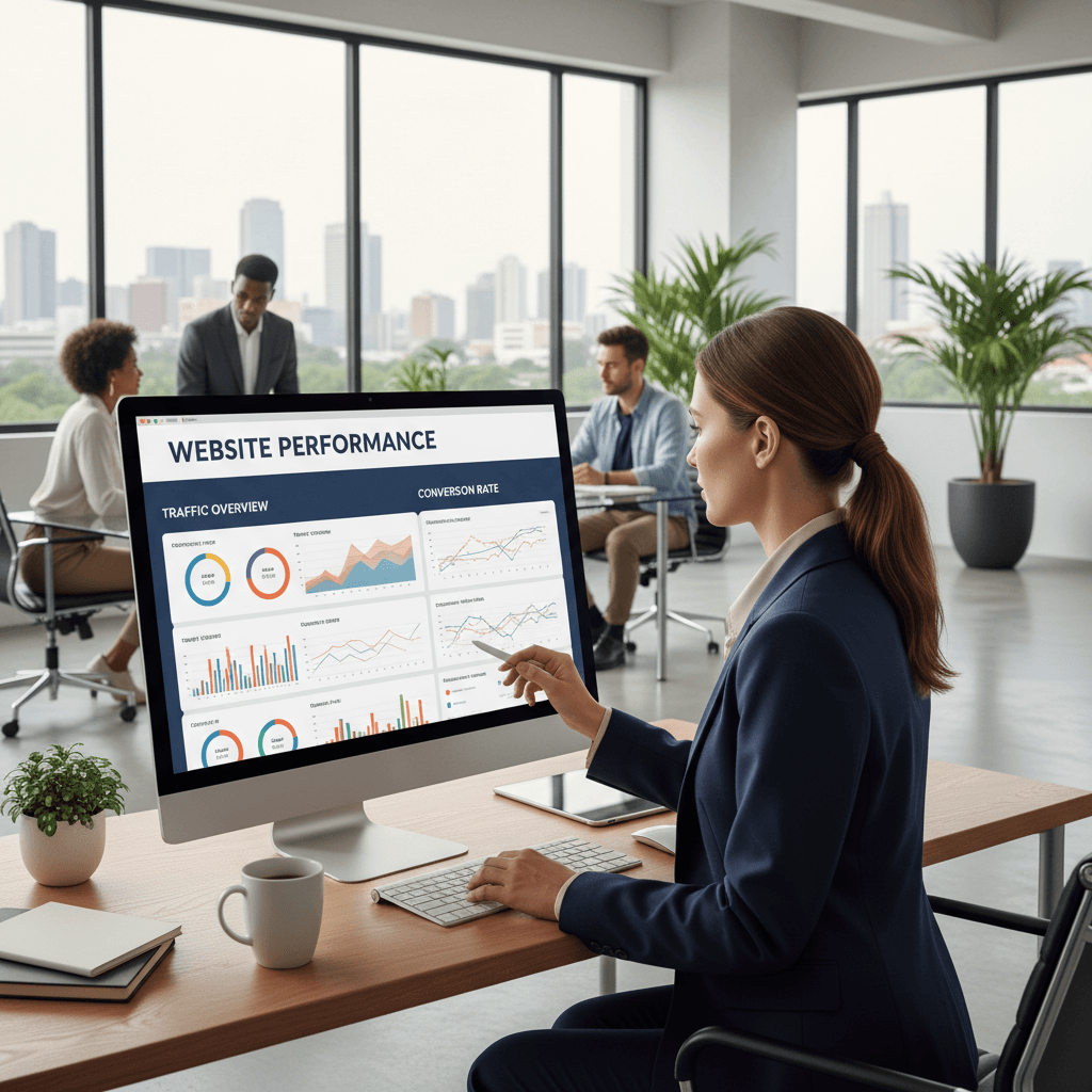 digital marketing professional working on SEO analytics on a desktop computer