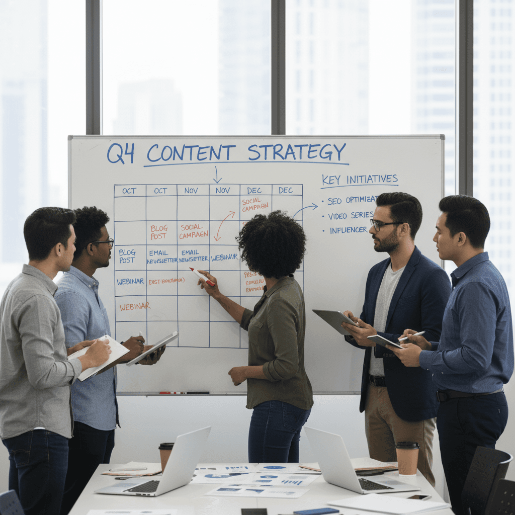 team planning content marketing strategy on a whiteboard