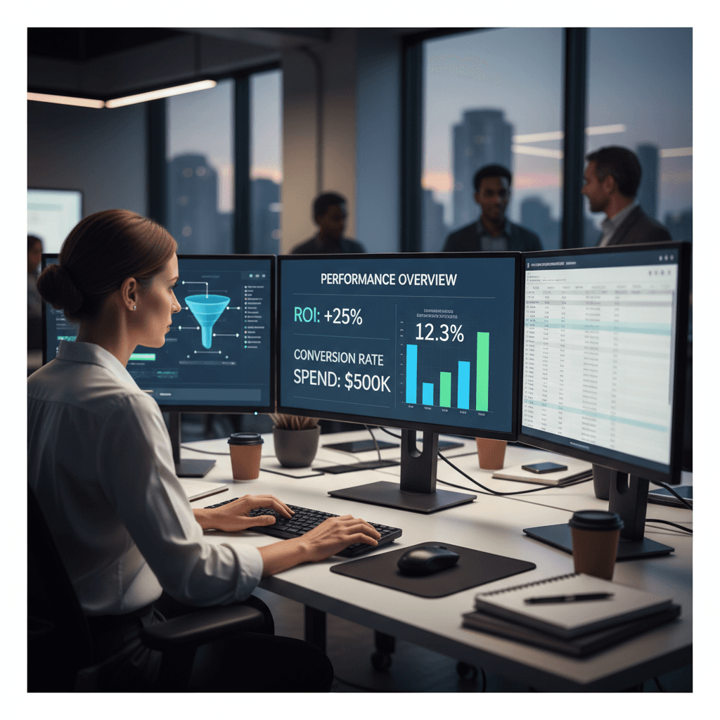 marketing analyst looking at performance marketing data on computer screens