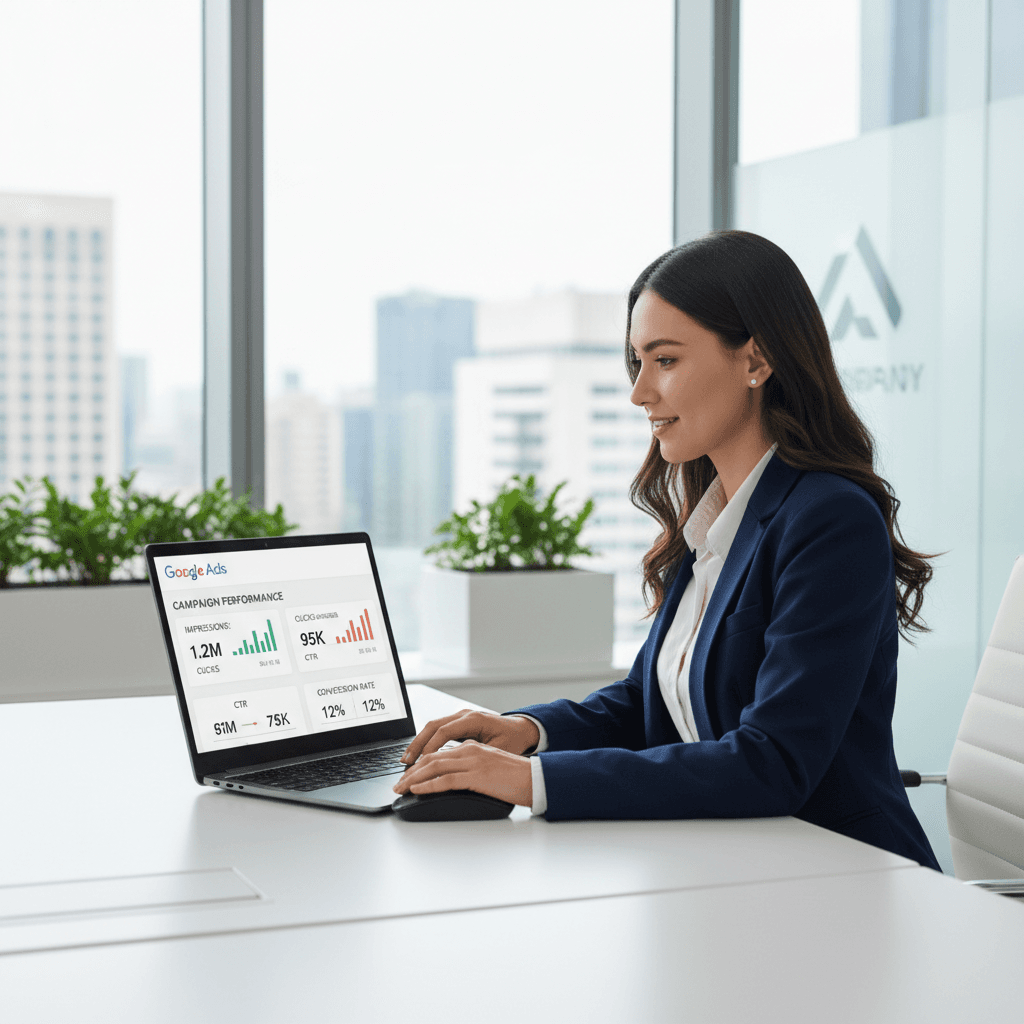 person managing Google Ads pay per click campaign on laptop
