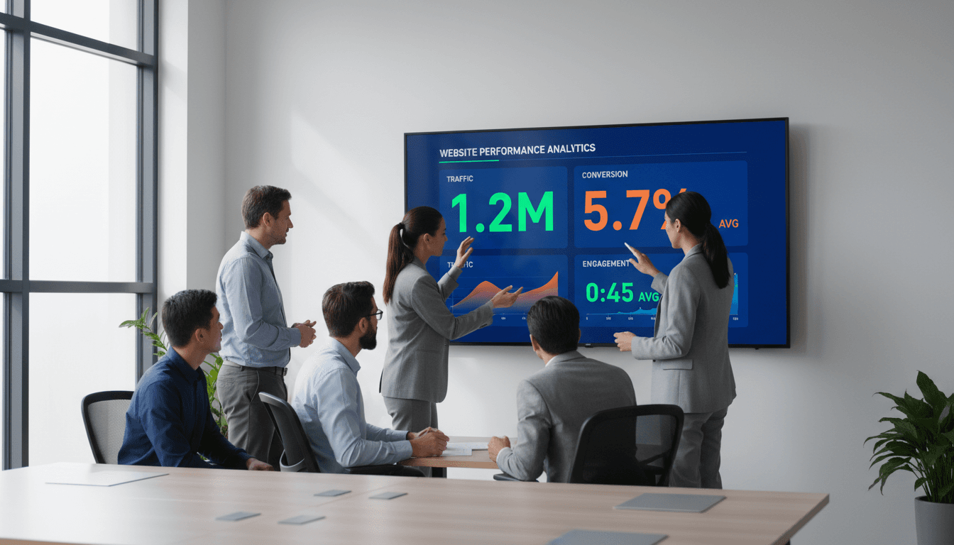 Team analyzing digital marketing data on a computer screen