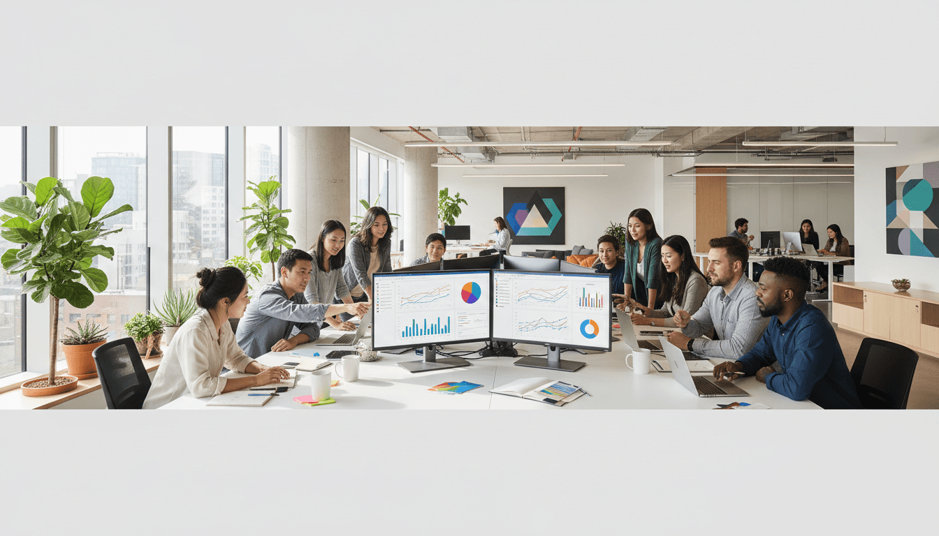 marketing team working on data analytics and campaign metrics in bright office
