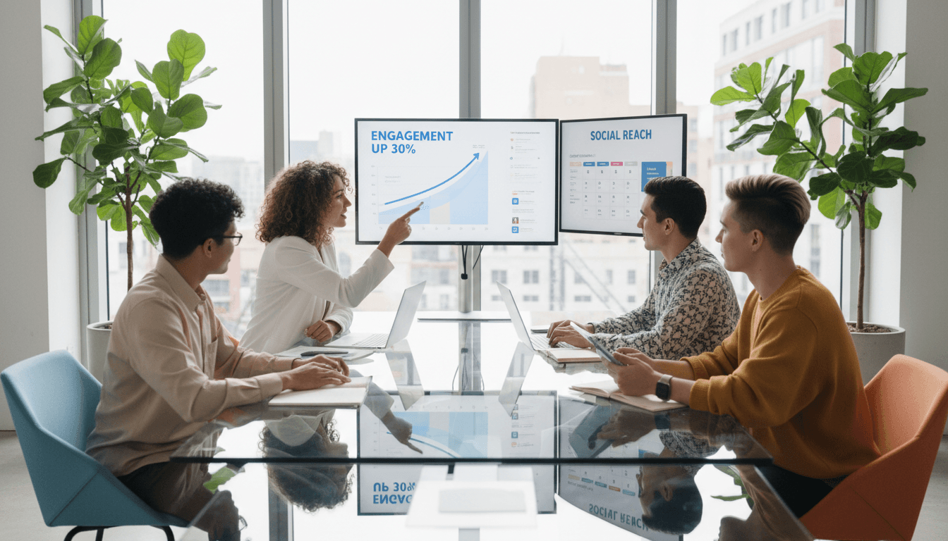 digital marketing team working with data analytics on laptops in bright modern office