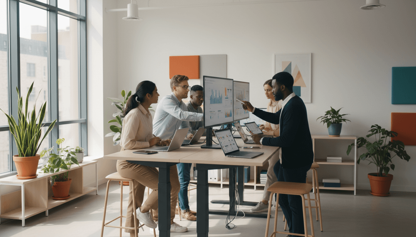 Digital marketing professional working on a laptop with data analytics on screen in a bright modern office